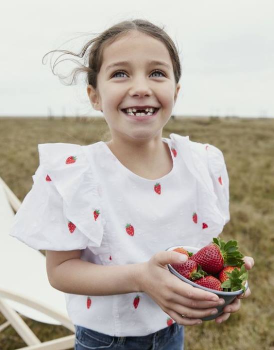 Joules top lauren tejido con volantes chicas mancha de fresa vestir 64BB318