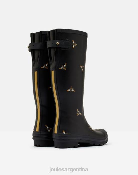 Joules Estampado de botas de lluvia con refuerzo trasero ajustable. mujer abejas metálicas negras calzado 64BB147