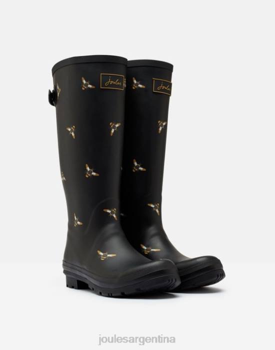 Joules Estampado de botas de lluvia con refuerzo trasero ajustable. mujer abejas metálicas negras calzado 64BB147