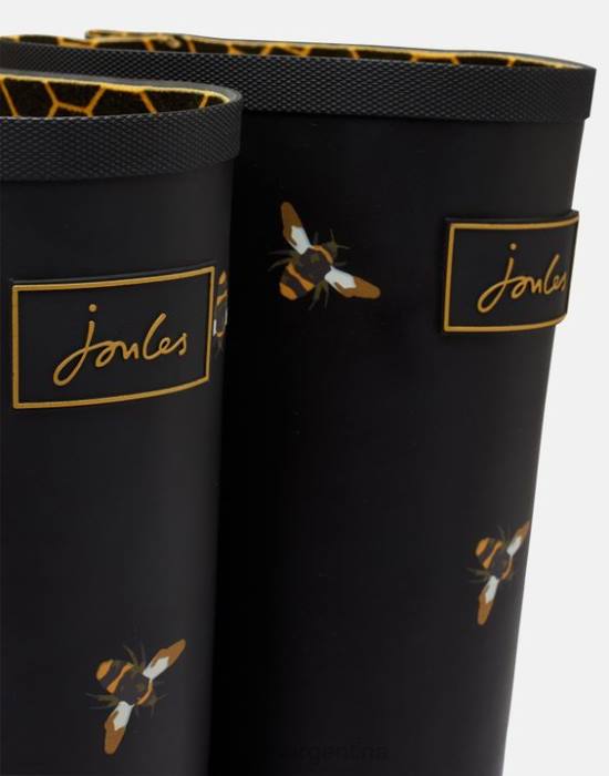 Joules Estampado de botas de lluvia con refuerzo trasero ajustable. mujer abejas metálicas negras calzado 64BB147