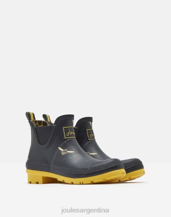 Joules botas de lluvia estampadas de altura corta mujer abejas metálicas negras calzado 64BB144