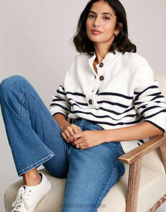 Joules suéter grueso con botones de cala mujer raya crema azul marino vestir 64BB90
