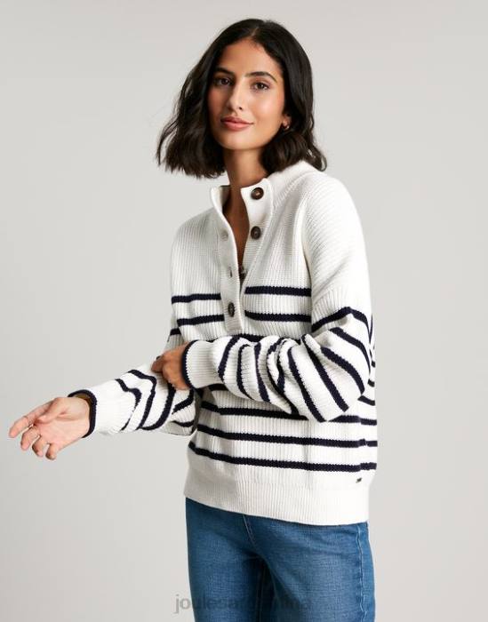 Joules suéter grueso con botones de cala mujer raya crema azul marino vestir 64BB90