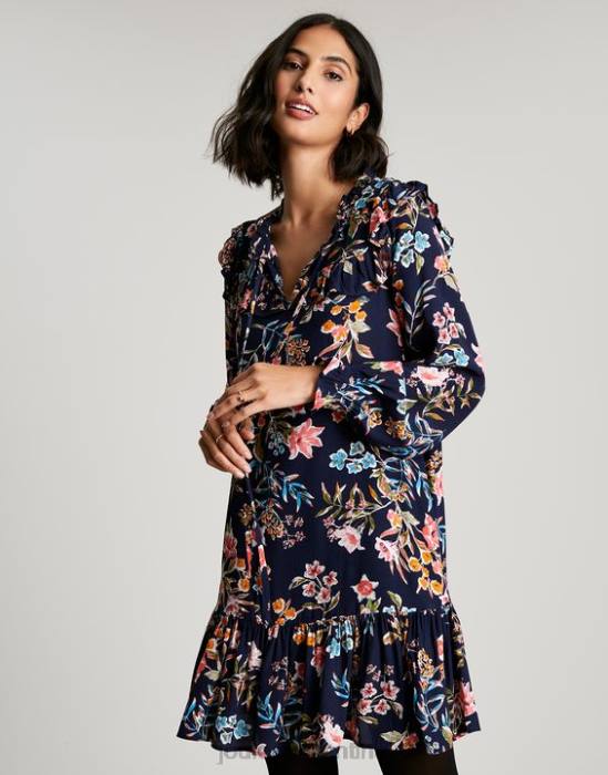Joules Túnica escalonada con volantes en forma de cerradura y rubí mujer pico azul marino floral vestir 64BB101