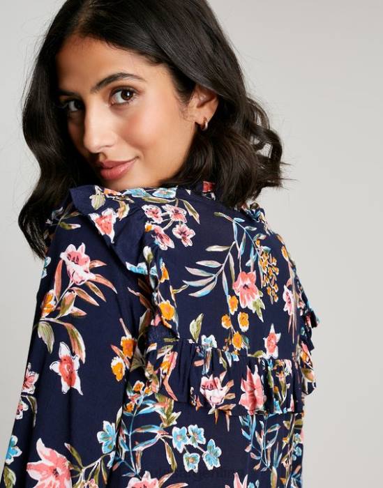 Joules Túnica escalonada con volantes en forma de cerradura y rubí mujer pico azul marino floral vestir 64BB101