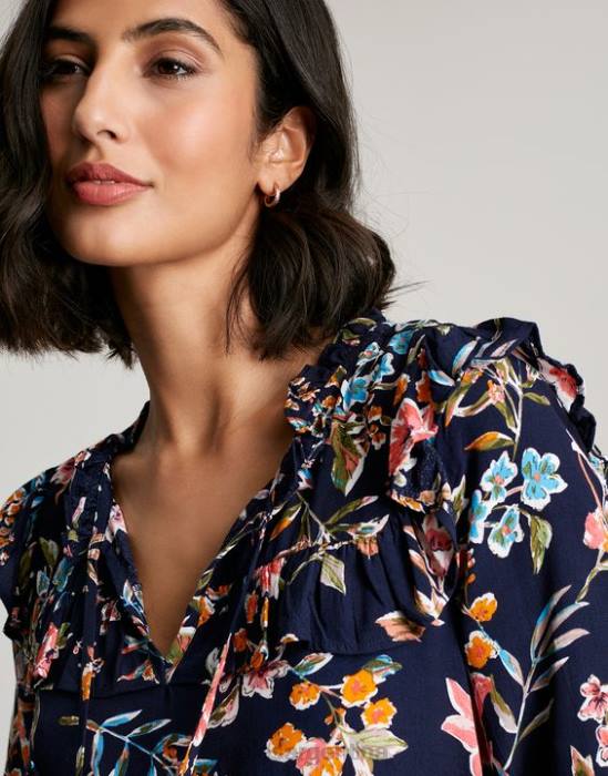 Joules Túnica escalonada con volantes en forma de cerradura y rubí mujer pico azul marino floral vestir 64BB101
