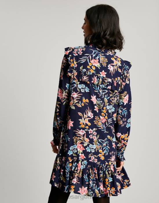 Joules Túnica escalonada con volantes en forma de cerradura y rubí mujer pico azul marino floral vestir 64BB101
